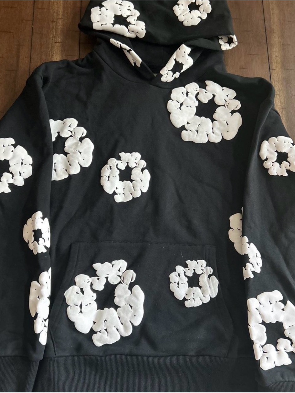 Men's Black Cardigan Hoodie with White Floral Circle Prints